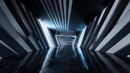 Naklejka premium A sleek futuristic abstract tunnel interior with glossy reflective floor, geometric striped walls and light beams, creating a sense of depth and modern design.