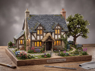 Fototapeta premium A highly detailed miniature handmade replica of an ancient english rural village home featuring warm glowing windows surrounded by blooming flowers and a large tree sitting on a wooden display
