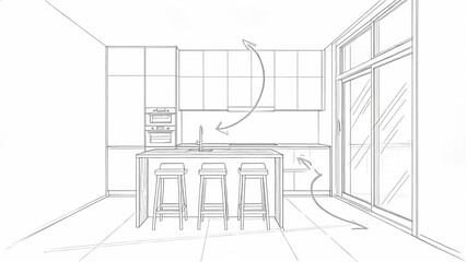Fototapeta premium A line art sketch of a modern kitchen interior featuring an island, bar stools, wall cabinets, and built-in appliances.