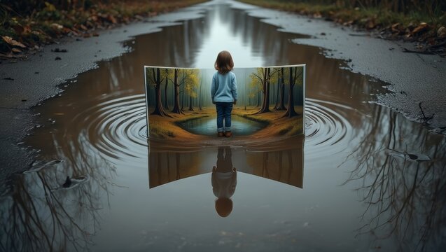 Child Gazes at Forest Scene Reflected in Puddle