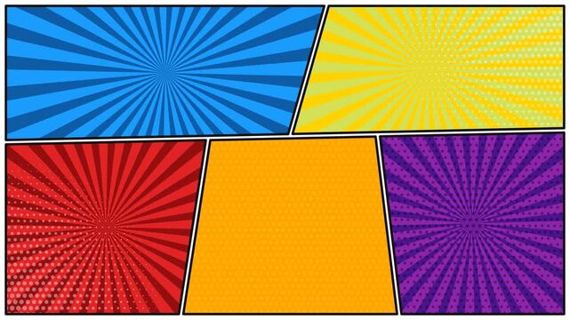 Vibrant Multi-Colored Comic Book Page Layout Template with Sunburst and Halftone Pattern Backgrounds for Creative Storytelling