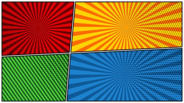 Comic Book Panel Layout with Four Sections Featuring Vibrant Rays and Diagonal Lines for Dynamic Visual Storytelling