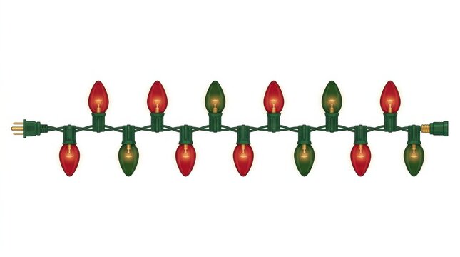 Christmas string lights with red and green bulbs isolated on white background