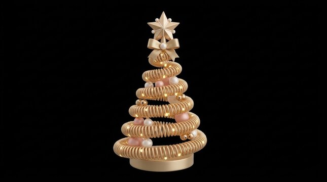 Abstract 3d christmas tree made of golden spiral wire with decorative pink and white ornaments and a star topper, isolated on black background