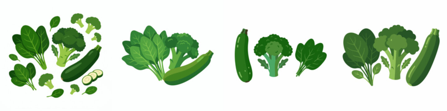 Fresh green vegetables collection with broccoli spinach and zucchini illustration