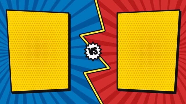 Blank Comic Book Style Comparison Template Featuring Split Screen Layout with Yellow Panels on Blue and Red Sunburst Backgrounds for Competition