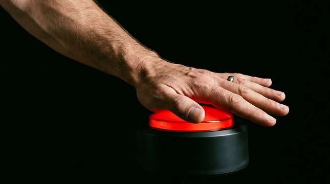 A man's hand is about to press a large red button on a black background