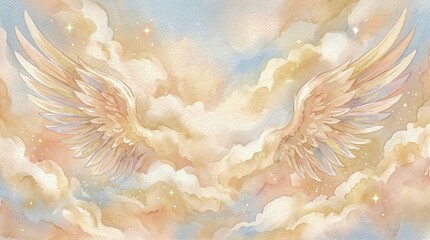 Naklejka premium Angel wings unfolding above glowing clouds with stars. Christmas watercolor illustration symbolizing hope, faith, protection, spirituality, and heavenly peace with copy space