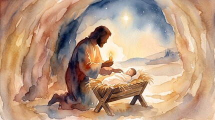 Naklejka premium Joseph holding a candle beside baby Jesus in a manger. Christmas nativity watercolor illustration with Bethlehem landscape, starry sky, faith and hope
