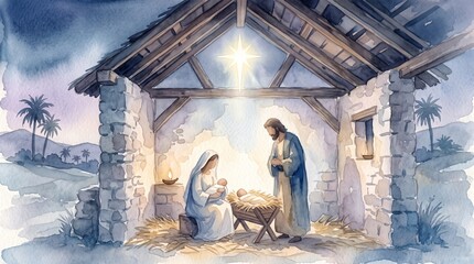 Naklejka premium Christmas watercolor illustration of the Holy Family beside the newborn baby jesus in a rustic stable beneath the star of Bethlehem. Nativity scene for seasonal greeting card design