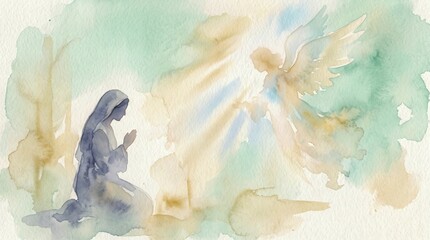 Naklejka premium Watercolor illustration of Mary kneeling in prayer before an angel during the Annunciation. Christian religious scene with spiritual faith and sacred biblical symbolism