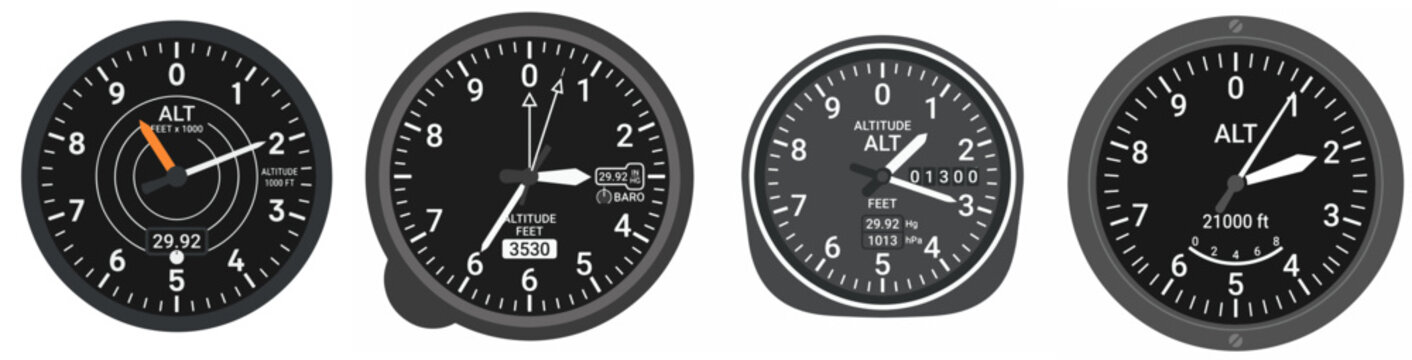Set of four aircraft altimeter flight instrument gauges isolated on white