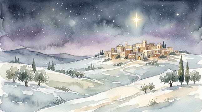 Christmas watercolor illustration of Bethlehem village beneath a shining star. Peaceful winter landscape with glowing homes, rolling hills, and sacred nativity symbolism
