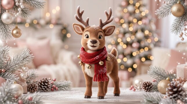Adorable cartoon reindeer wearing a red knitted scarf with jingle bells, standing in a festive, cozy christmas living room setting with bokeh lights