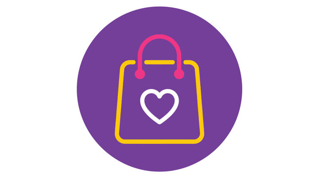 Shopping bag icon featuring a white heart design with bright yellow outlines on purple circle
