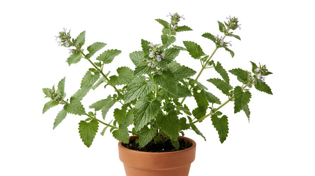Fresh green catnip plant blooming in a terracotta pot.