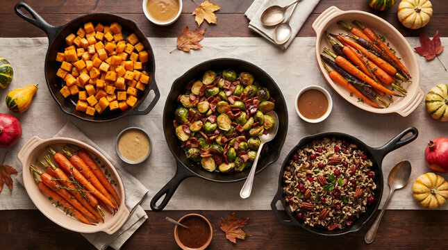Flat lay of roasted autumn vegetables in cast iron skillets including brussels sprouts, carrots, and wild rice