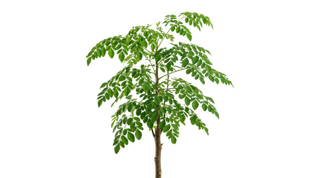 Fresh green moringa tree plant with lush leaves isolated on white background.
