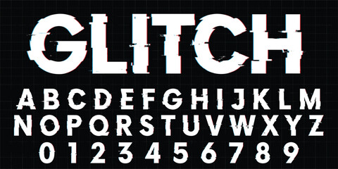 Grunge alphabet with glitch VHS effect, distorted old vintage TV static font. Glitched analog video camera typography, letters and numbers with damaged tape effect, retro screen distortion vector font © Supernova