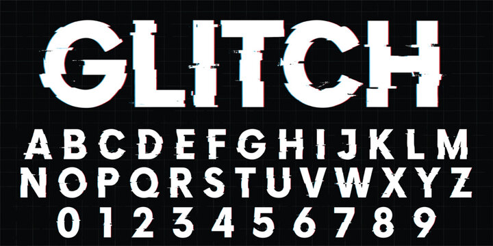 Grunge alphabet with glitch VHS effect, distorted old vintage TV static font. Glitched analog video camera typography, letters and numbers with damaged tape effect, retro screen distortion vector font
