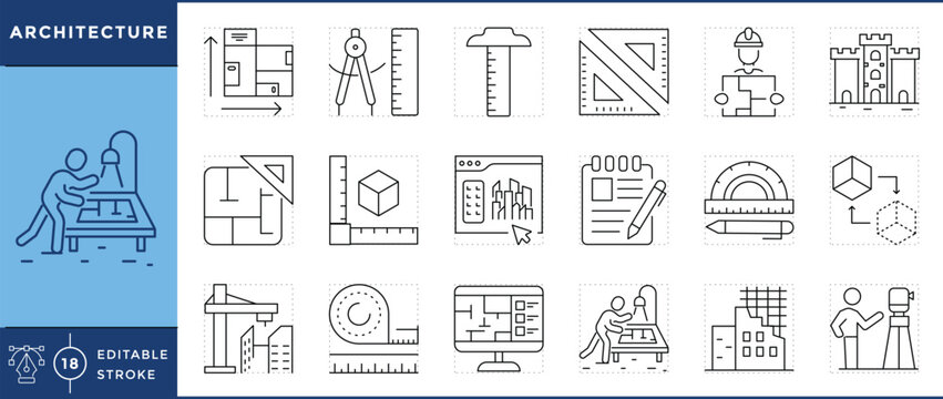 Architecture icons set. Blueprint, drafting compass, T-square, ruler, hard hat, floor plan, software, crane, drafting table, and many more. Vector editable stroke.