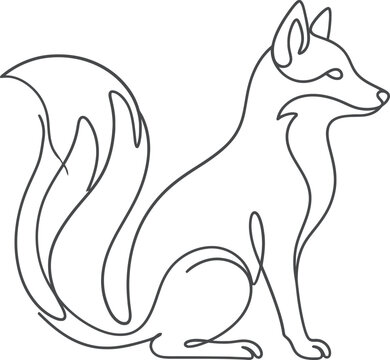 Minimalist continuous line fox vector, elegant sitting wild animal outline, modern black and white fox logo illustration