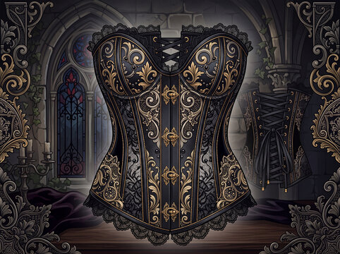 Black and gold victorian style corset garment featuring ornate metallic embroidery patterns and lace trim displayed in a historic gothic setting reflecting a luxury era of high fashion royal