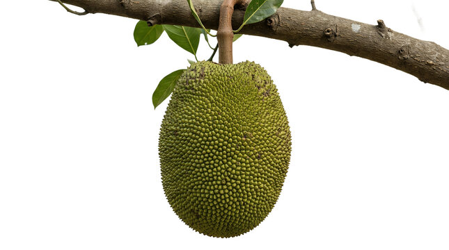 Fresh raw green jackfruit hanging on tree branch isolated on white background.