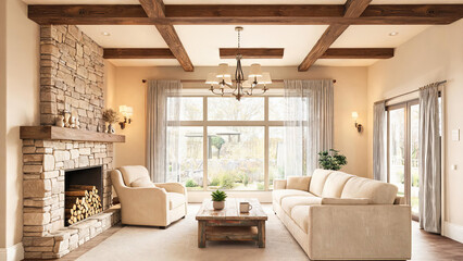 Fototapeta premium A bright modern living room with a stone fireplace, wooden ceiling beams, and comfortable neutral seating, opening to an outdoor garden.