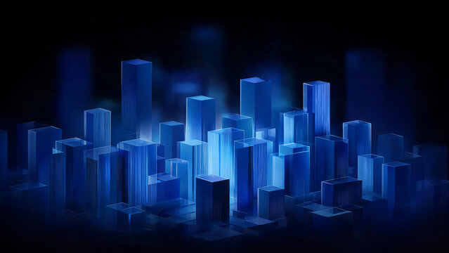 A futuristic abstract 3D cityscape made of glowing blue blocks, representing technology, data and modern business concepts on a dark background.