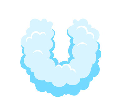 Fluffy white clouds font, smoke typeface letter U. Cloudy sky ABC English alphabet with soft puffy cloud texture. Vector heaven type for school educational materials or dreamy greeting cards