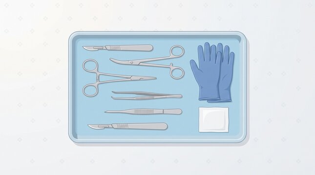 Sterile surgical equipment set with scissors, forceps, scalpel, clamps and medical tray, clean flat design illustration for surgery and clinical healthcare