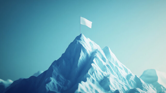 White flag waving on top of a snowy mountain peak