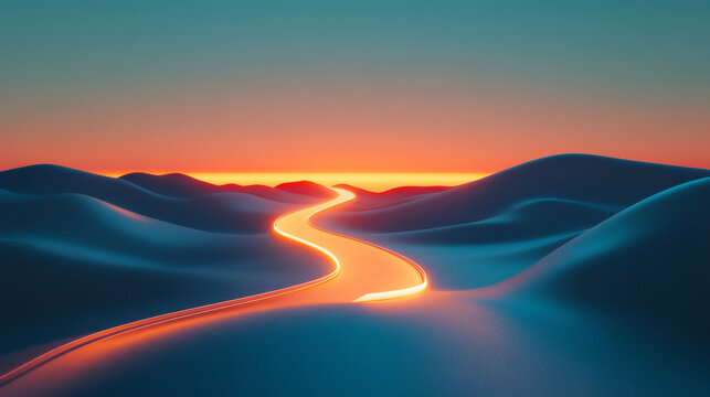 Winding glowing road through the desert dunes at sunset