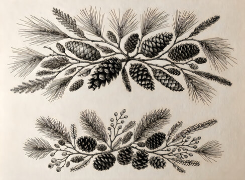 Vintage engraving style pine tree branch arrangements with detailed pine cones