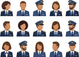 Set of diverse airline pilots and flight attendants uniform illustrations transparent background © Nurul