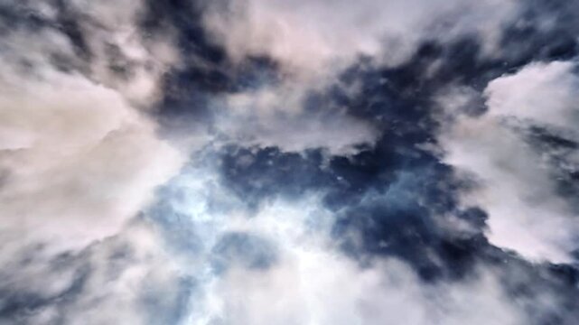 Cinematic flight through dark stormy clouds with dynamic atmospheric lighting in ethereal sky.