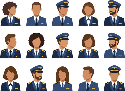 Set of diverse airline pilots and flight attendants uniform illustrations transparent background