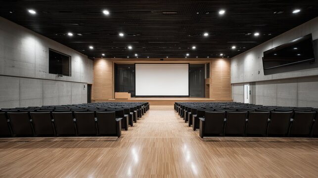 Modern conference hall with empty seating and large projection screen