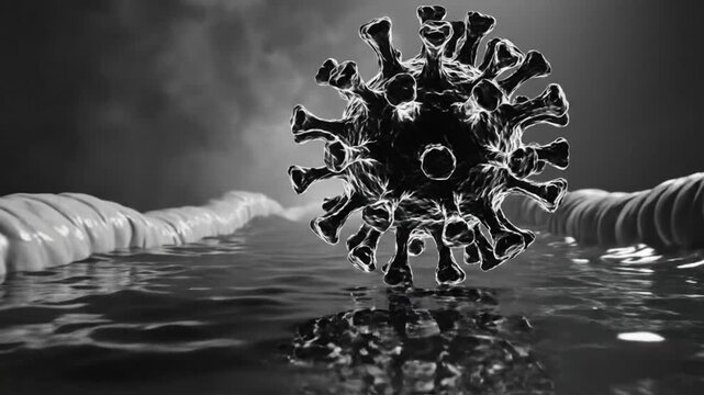 Black and white render of a virus in liquid with dark background reflecting healthcare and disease concepts
