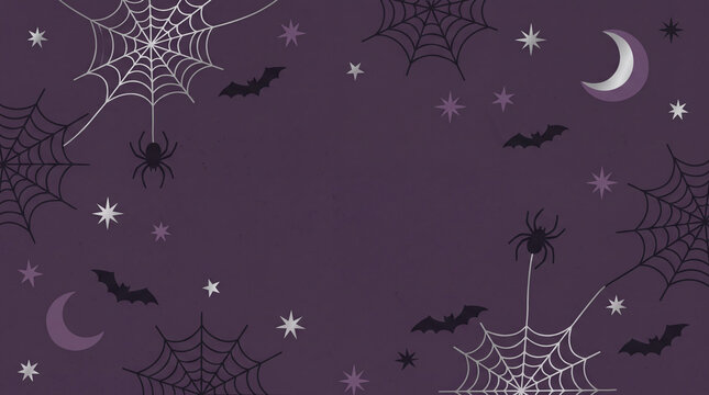 Elegant Halloween spider, web, bat, star and moon pattern on purple background for autumn greeting cards and banners.