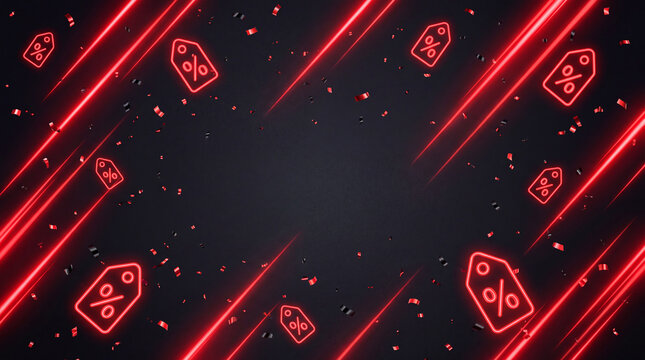 Dynamic Black Friday abstract background with neon red stripes, price tags and confetti for e-commerce sale banners and ads.