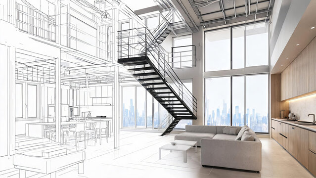 A split image showing an architectural blueprint and the completed modern loft interior space with a staircase, sofa, and kitchen.