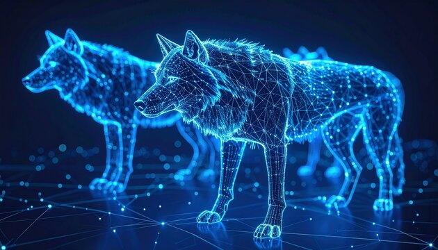 Futuristic Digital Wolves, Neon Glowing Wireframe