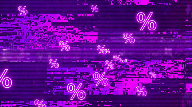 Vibrant Cyber Monday abstract background with purple glitch blocks, scan lines and percent icons for digital sale banners and ads.