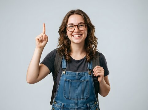 Confident young woman in denim overalls and glasses pointing upward with a cheerful smile against neutral background