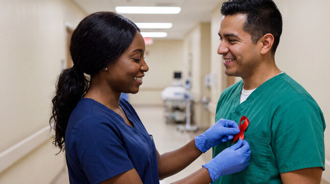 A Black doctor pins a red ribbon badge on a Hispanic nurse in a bright hospital corridor for National Red Ribbon Week awareness posters.