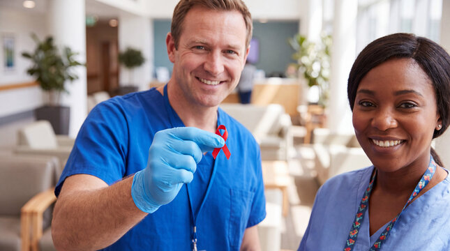 A Caucasian doctor holds a red ribbon pin beside a Black nurse in a modern hospital lounge for National Red Ribbon Week support images.
