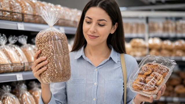 Woman choosing between healthy whole grain bread and unhealthy pastries in supermarket aisle. concept of nutrition choice, balanced diet, grocery shopping decision-making