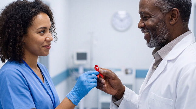 A mixed-race nurse hands a red ribbon pin to an elderly Black doctor in a clean hospital corridor for National Red Ribbon Week care posters.